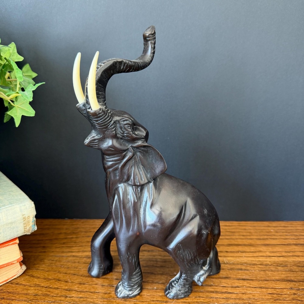 Lucky Trunk Up Elephant Large 10" Black Figurine Resin Decor‎